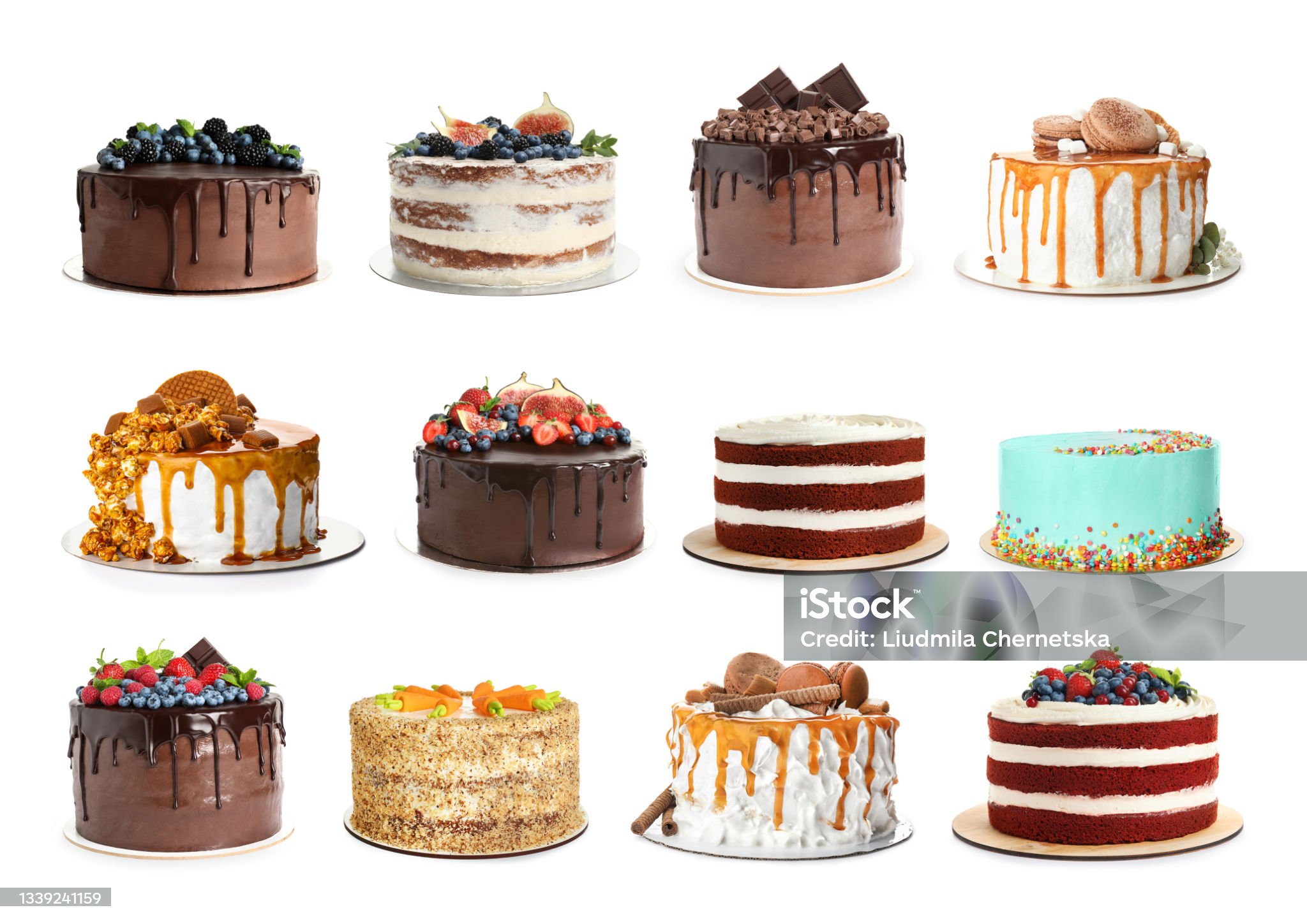 Set Of Different Delicious Cakes Isolated On White